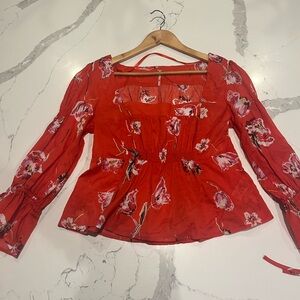Free People Orange with Purple Floral Size Medium Cropped Flowy Boho Top